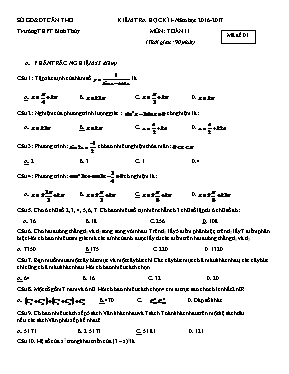 Kiểm tra học kì I môn Toán 11 - Trường THPT Bình Thủy